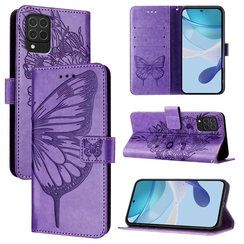 YB Implinting Series-4 Для Samsung Galaxy M62 Case Wallet Кожаная Бабочка Цветочная Телефонная Крышка - Фиолетовый