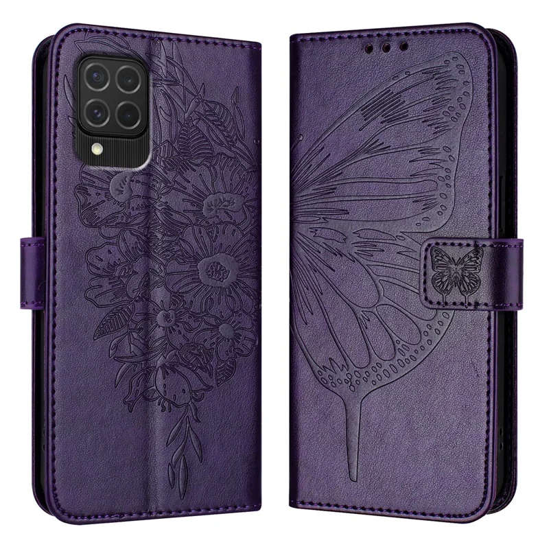 YB Imprinting Series-4 For Samsung Galaxy M62 / F62 Case Wallet Leather Butterfly Flower Phone Cover - Dark Purple