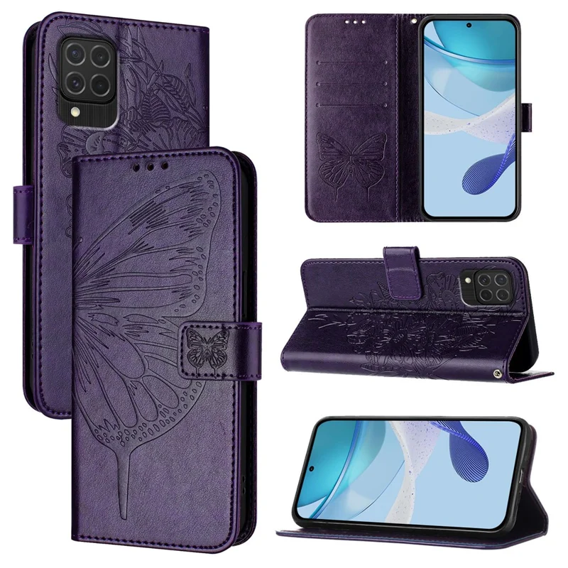 YB Imprinting Series-4 For Samsung Galaxy M62 / F62 Case Wallet Leather Butterfly Flower Phone Cover - Dark Purple
