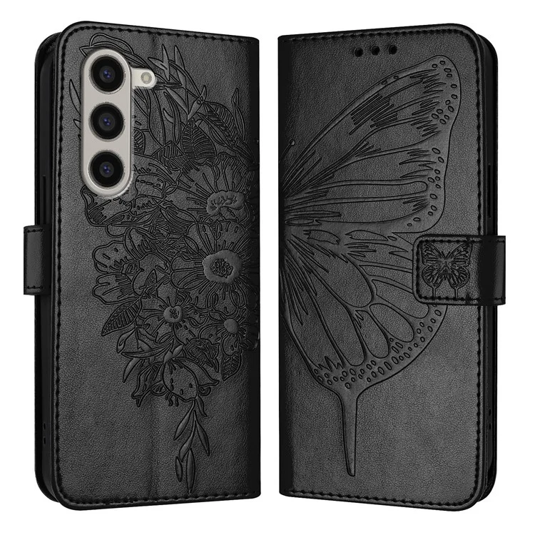 For Samsung Galaxy Z Fold6 5G Wallet Case with Wrist Strap Butterfly Imprint Leather Phone Cover - Black