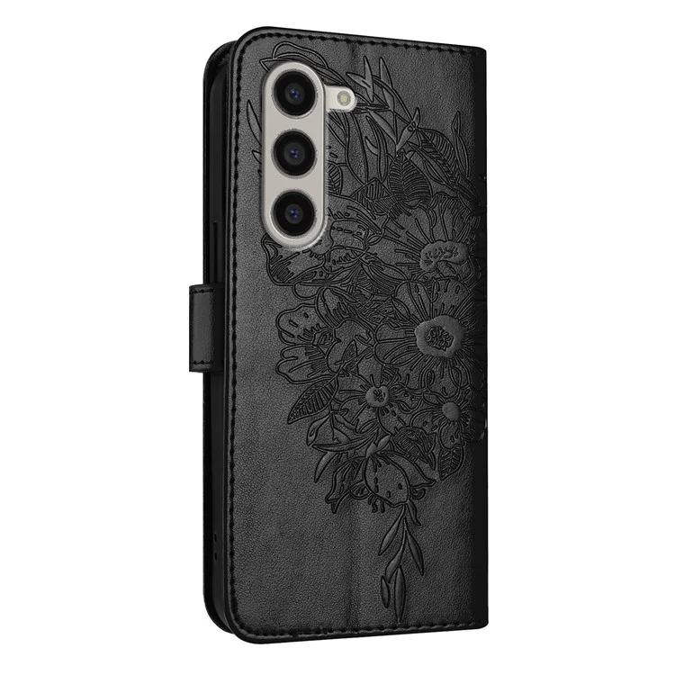 For Samsung Galaxy Z Fold6 5G Wallet Case with Wrist Strap Butterfly Imprint Leather Phone Cover - Black