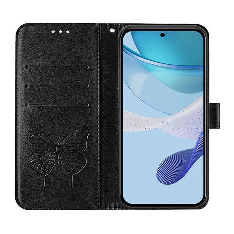 For Samsung Galaxy Z Fold6 5G Wallet Case with Wrist Strap Butterfly Imprint Leather Phone Cover - Black