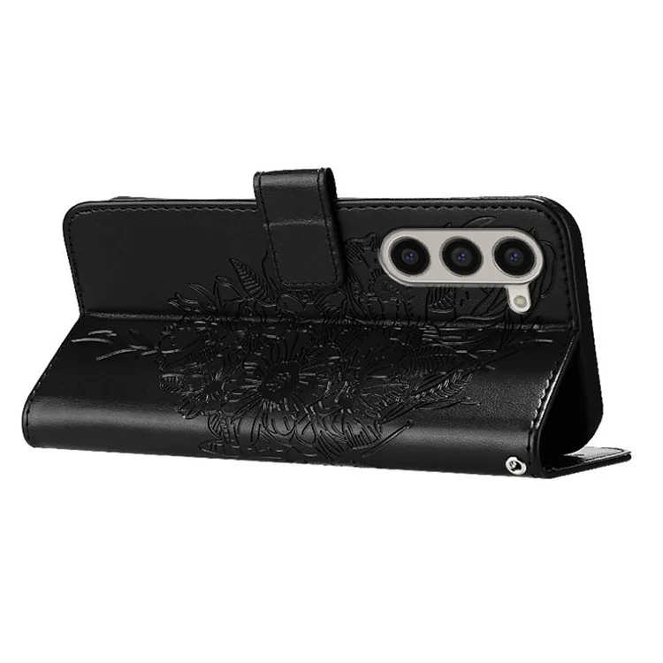 For Samsung Galaxy Z Fold6 5G Wallet Case with Wrist Strap Butterfly Imprint Leather Phone Cover - Black