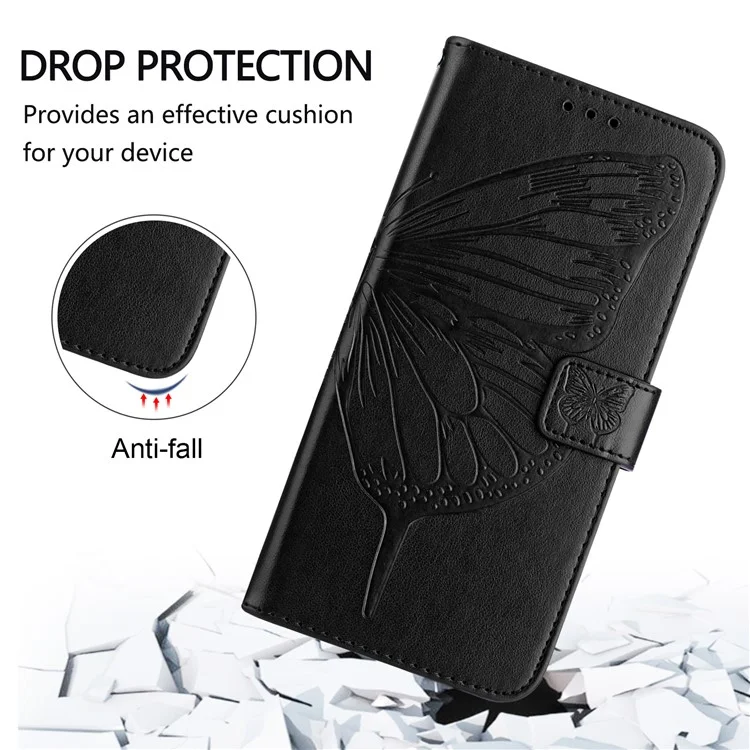 For Samsung Galaxy Z Fold6 5G Wallet Case with Wrist Strap Butterfly Imprint Leather Phone Cover - Black
