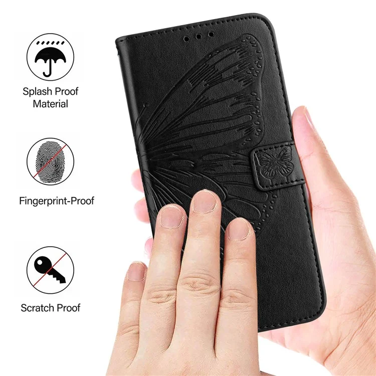 For Samsung Galaxy Z Fold6 5G Wallet Case with Wrist Strap Butterfly Imprint Leather Phone Cover - Black