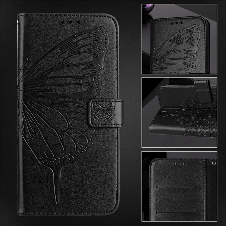 For Samsung Galaxy Z Fold6 5G Wallet Case with Wrist Strap Butterfly Imprint Leather Phone Cover - Black