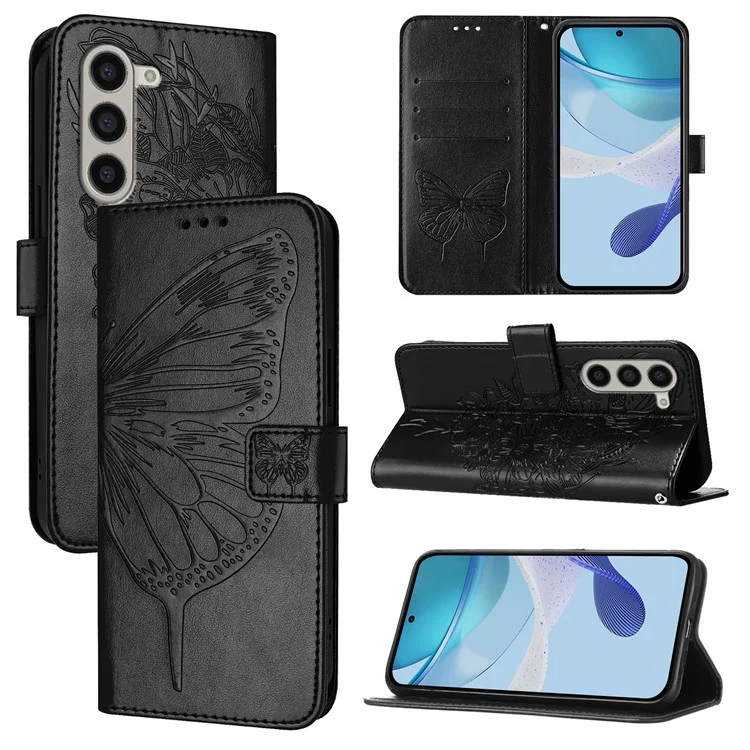 For Samsung Galaxy Z Fold6 5G Wallet Case with Wrist Strap Butterfly Imprint Leather Phone Cover - Black