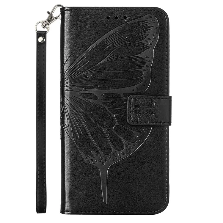 For Samsung Galaxy Z Fold6 5G Wallet Case with Wrist Strap Butterfly Imprint Leather Phone Cover - Black