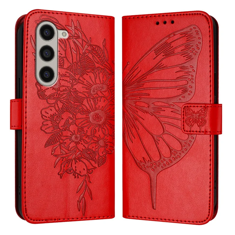 For Samsung Galaxy Z Fold6 5G Wallet Case with Wrist Strap Butterfly Imprint Leather Phone Cover - Red