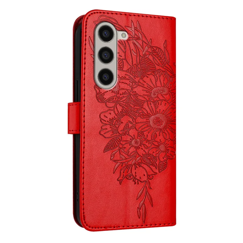 For Samsung Galaxy Z Fold6 5G Wallet Case with Wrist Strap Butterfly Imprint Leather Phone Cover - Red