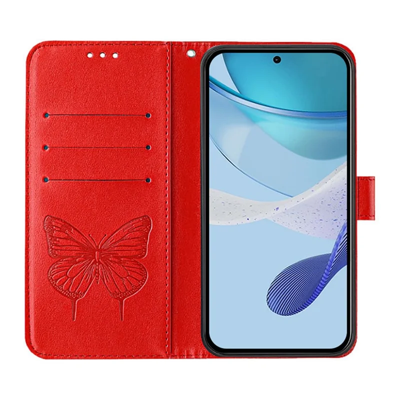 For Samsung Galaxy Z Fold6 5G Wallet Case with Wrist Strap Butterfly Imprint Leather Phone Cover - Red