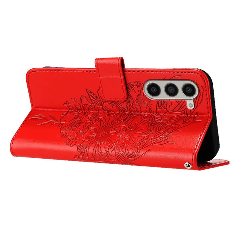 For Samsung Galaxy Z Fold6 5G Wallet Case with Wrist Strap Butterfly Imprint Leather Phone Cover - Red