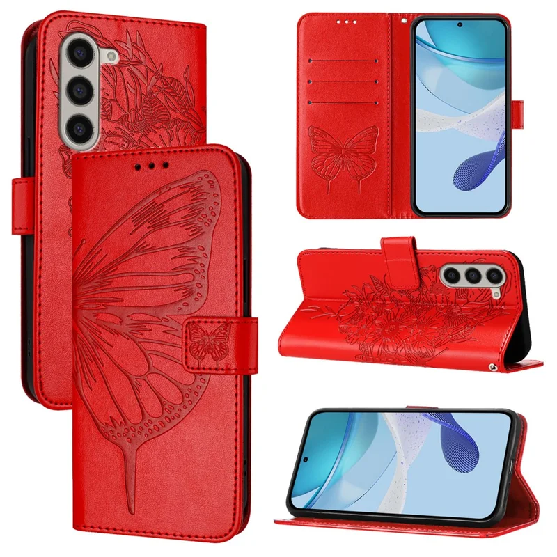 For Samsung Galaxy Z Fold6 5G Wallet Case with Wrist Strap Butterfly Imprint Leather Phone Cover - Red