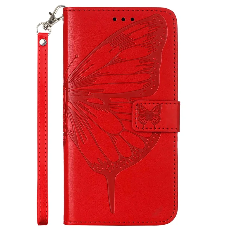 For Samsung Galaxy Z Fold6 5G Wallet Case with Wrist Strap Butterfly Imprint Leather Phone Cover - Red