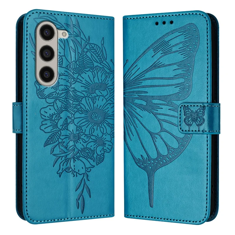 For Samsung Galaxy Z Fold6 5G Wallet Case with Wrist Strap Butterfly Imprint Leather Phone Cover - Blue