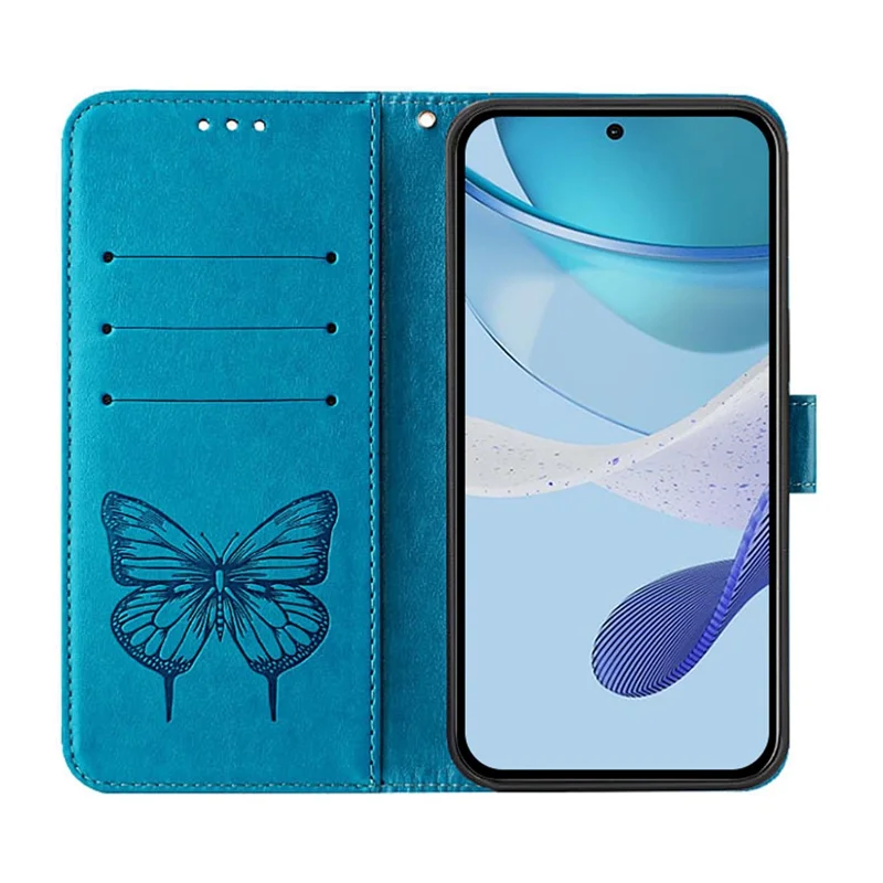 For Samsung Galaxy Z Fold6 5G Wallet Case with Wrist Strap Butterfly Imprint Leather Phone Cover - Blue