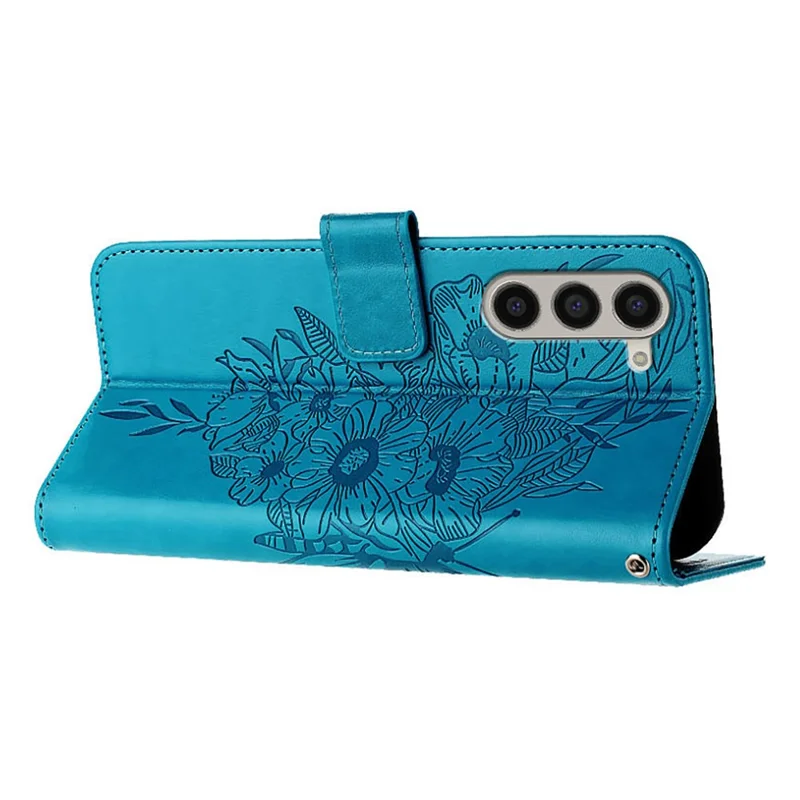 For Samsung Galaxy Z Fold6 5G Wallet Case with Wrist Strap Butterfly Imprint Leather Phone Cover - Blue