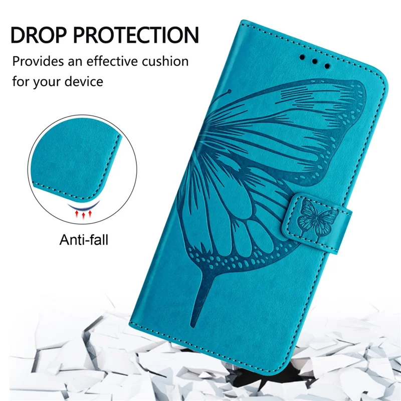For Samsung Galaxy Z Fold6 5G Wallet Case with Wrist Strap Butterfly Imprint Leather Phone Cover - Blue