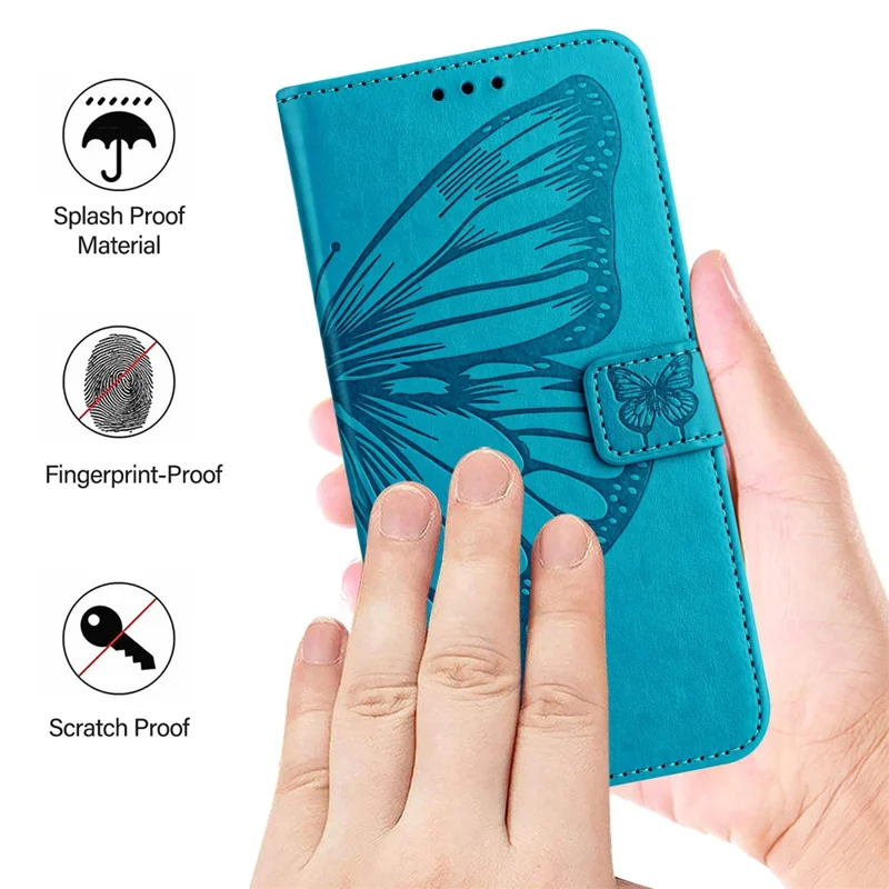 For Samsung Galaxy Z Fold6 5G Wallet Case with Wrist Strap Butterfly Imprint Leather Phone Cover - Blue