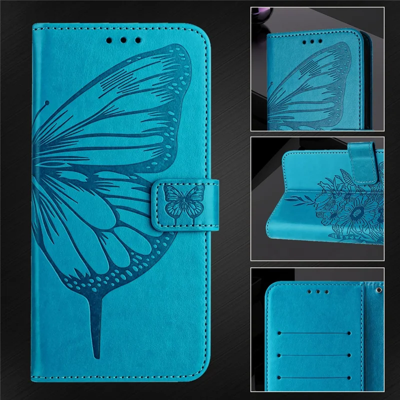 For Samsung Galaxy Z Fold6 5G Wallet Case with Wrist Strap Butterfly Imprint Leather Phone Cover - Blue