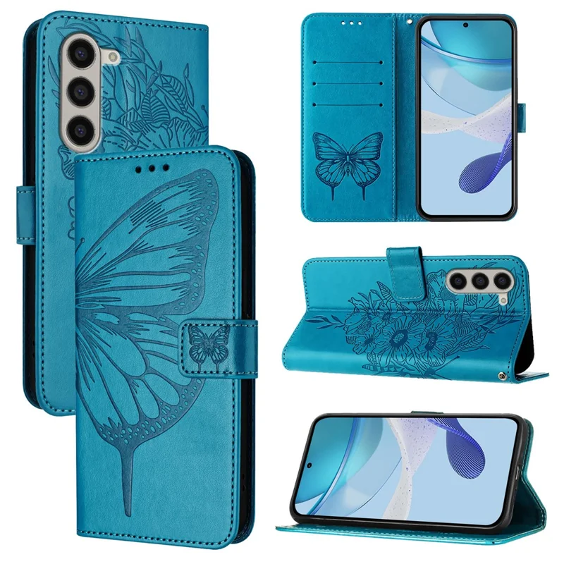 For Samsung Galaxy Z Fold6 5G Wallet Case with Wrist Strap Butterfly Imprint Leather Phone Cover - Blue