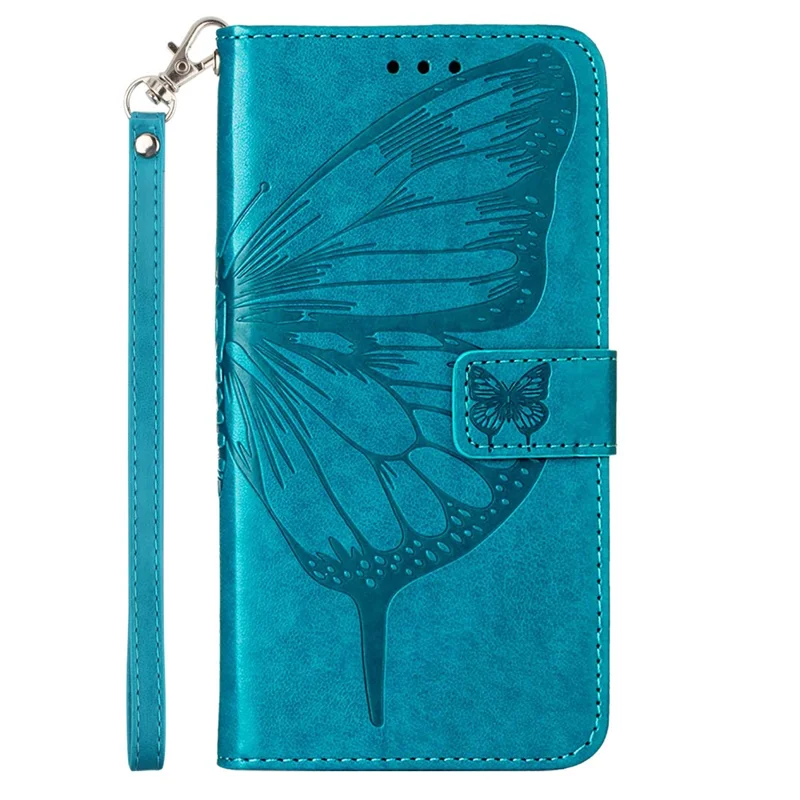 For Samsung Galaxy Z Fold6 5G Wallet Case with Wrist Strap Butterfly Imprint Leather Phone Cover - Blue