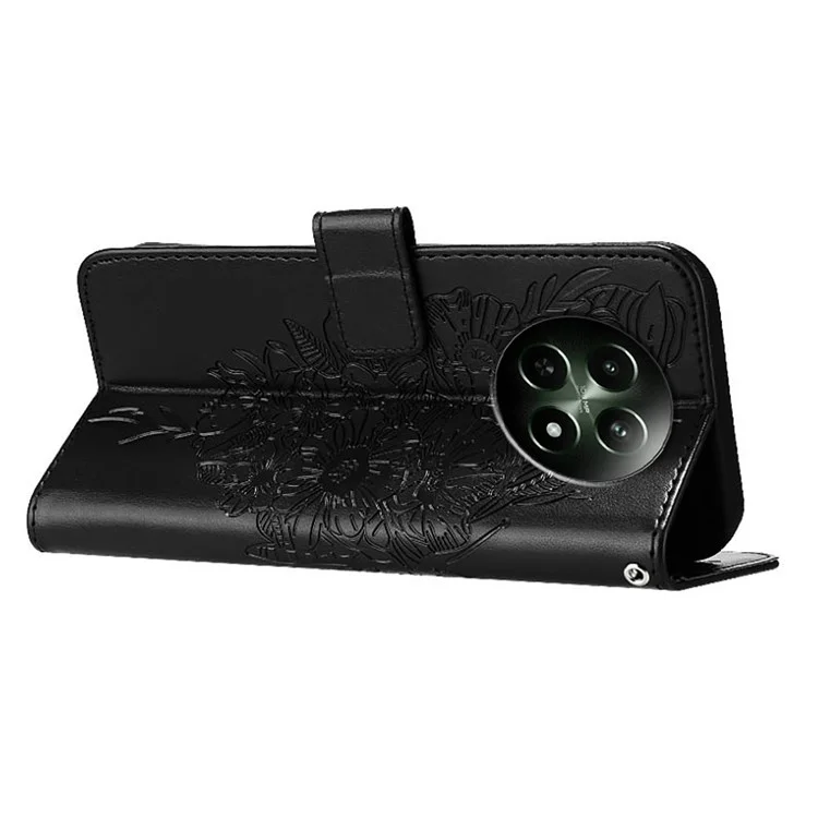 YB Imprinting Series-4 Für Realme 12 5G Geldbörse Handyhülle mit Handschlaufe Leder Klapphülle - Schwarz