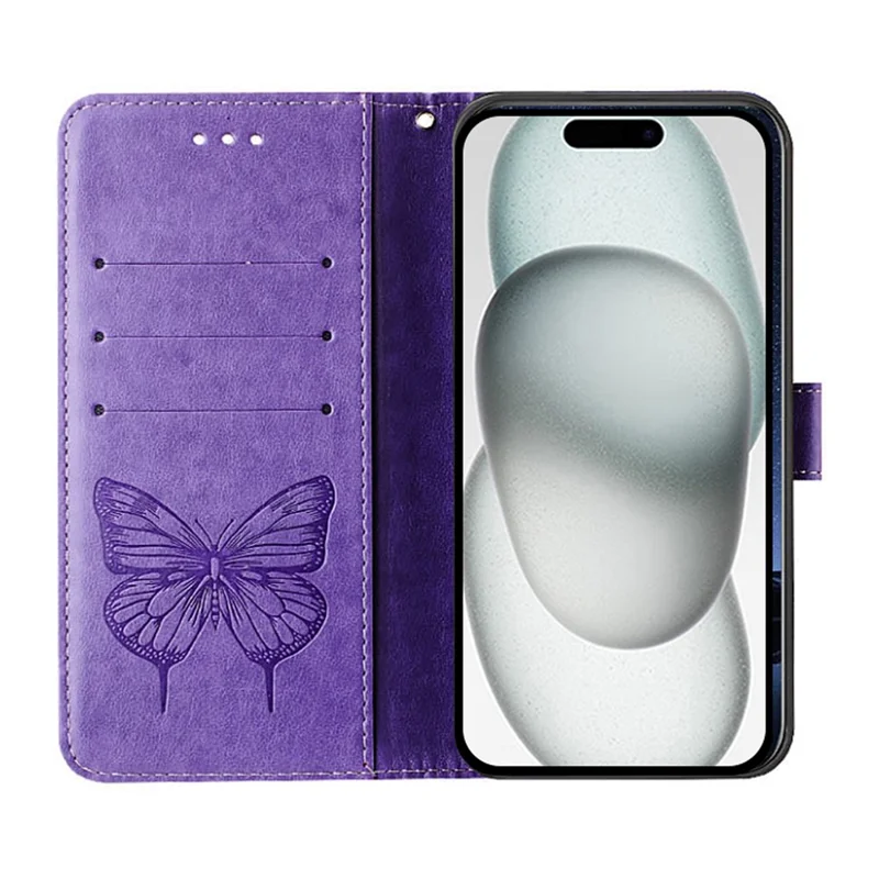 Til iPhone 16e tegnebogstaske med håndbånd og sommerfuglprint i læder - Lyse lilla