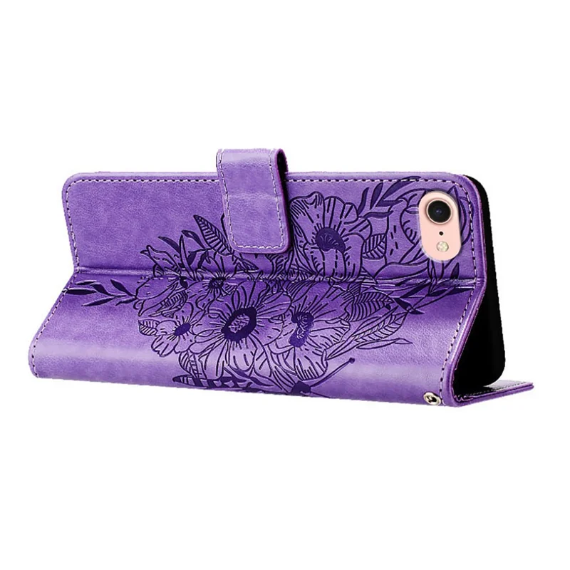 Til iPhone 16e tegnebogstaske med håndbånd og sommerfuglprint i læder - Lyse lilla