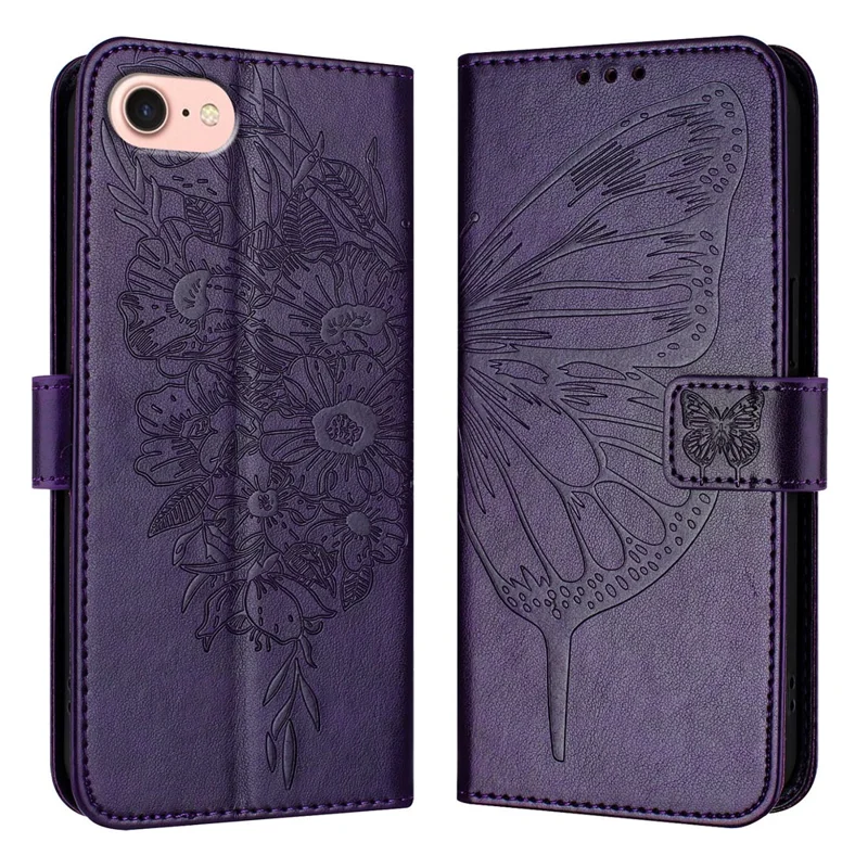 For iPhone 17e / 16e Wallet Case with Wrist Strap Butterfly Imprint Leather Phone Cover - Dark Purple
