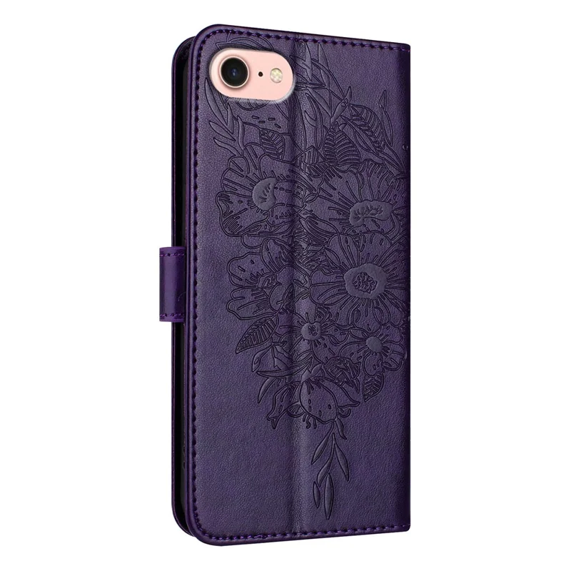 For iPhone 17e / 16e Wallet Case with Wrist Strap Butterfly Imprint Leather Phone Cover - Dark Purple