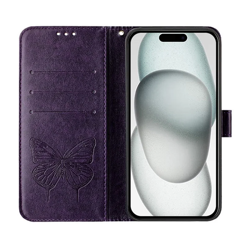 For iPhone 17e / 16e Wallet Case with Wrist Strap Butterfly Imprint Leather Phone Cover - Dark Purple