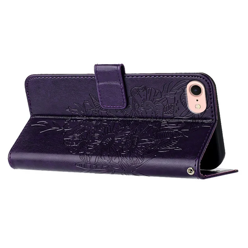 For iPhone 17e / 16e Wallet Case with Wrist Strap Butterfly Imprint Leather Phone Cover - Dark Purple