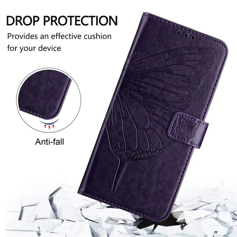 For iPhone 17e / 16e Wallet Case with Wrist Strap Butterfly Imprint Leather Phone Cover - Dark Purple