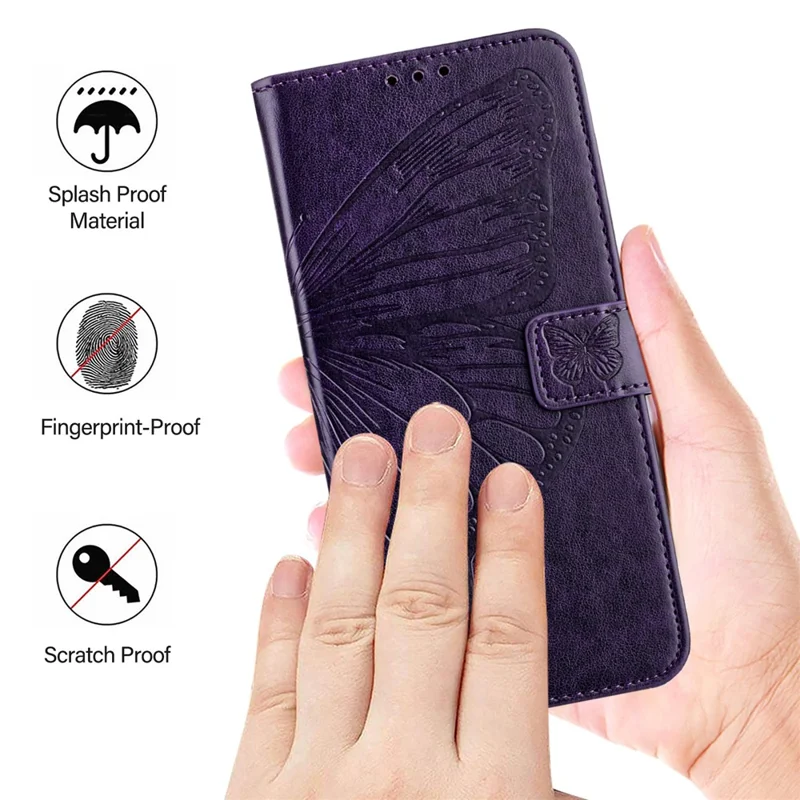 For iPhone 17e / 16e Wallet Case with Wrist Strap Butterfly Imprint Leather Phone Cover - Dark Purple