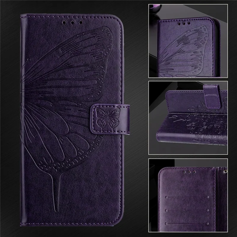 For iPhone 17e / 16e Wallet Case with Wrist Strap Butterfly Imprint Leather Phone Cover - Dark Purple