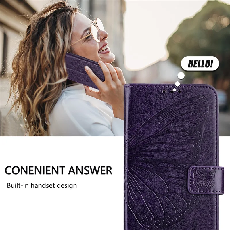 For iPhone 17e / 16e Wallet Case with Wrist Strap Butterfly Imprint Leather Phone Cover - Dark Purple