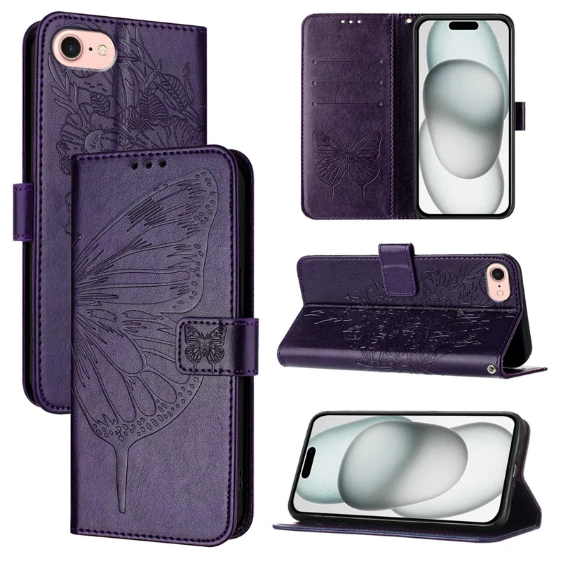 For iPhone 17e / 16e Wallet Case with Wrist Strap Butterfly Imprint Leather Phone Cover - Dark Purple