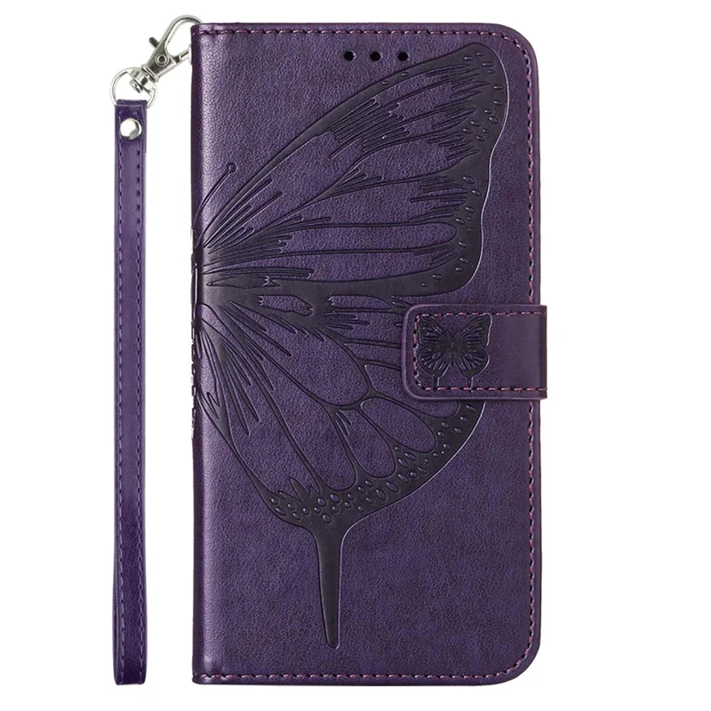 For iPhone 17e / 16e Wallet Case with Wrist Strap Butterfly Imprint Leather Phone Cover - Dark Purple