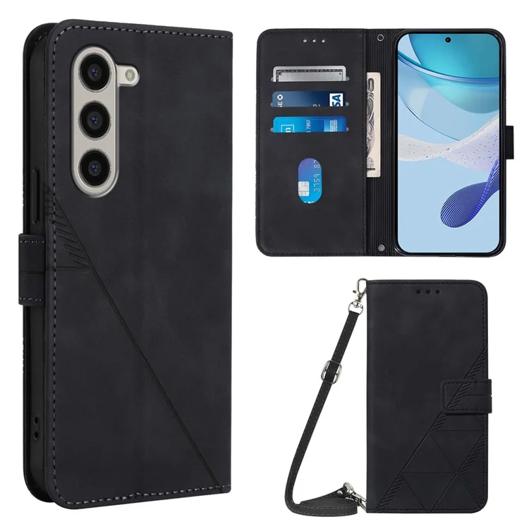 For Samsung Galaxy Z Fold6 5G Leather Case with Shoulder Strap Wallet Stand Phone Cover - Black