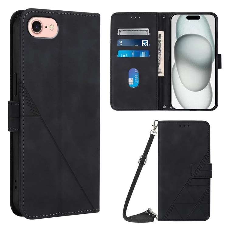For iPhone 16e Leather Case with Shoulder Strap Wallet Stand Phone Cover - Black