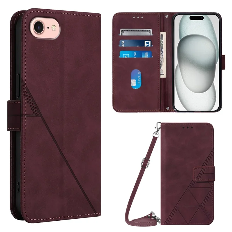 For iPhone 17e / 16e Leather Case with Shoulder Strap Wallet Stand Phone Cover - Wine Red