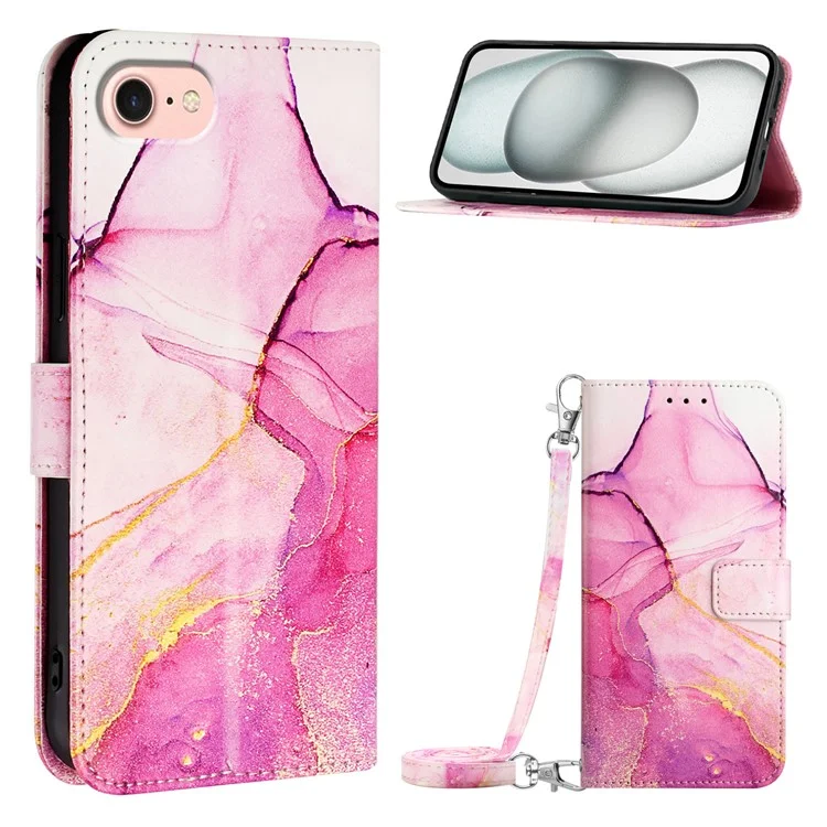 For Samsung Galaxy Z Fold6 5G Leather Case with Shoulder Strap Marble Pattern Phone Stand Cover - Pink / Purple / Gold LS001
