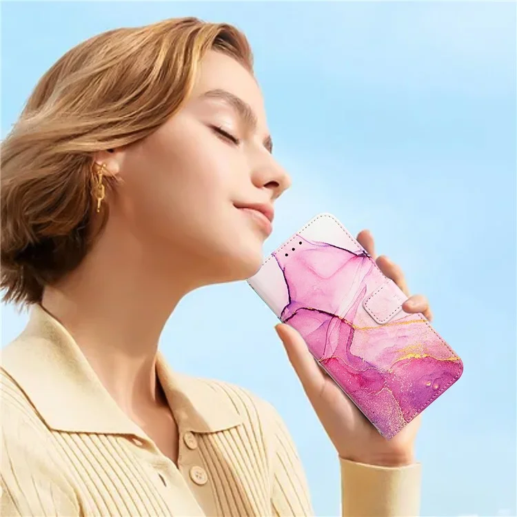 For Samsung Galaxy Z Fold6 5G Leather Case with Shoulder Strap Marble Pattern Phone Stand Cover - Pink / Purple / Gold LS001
