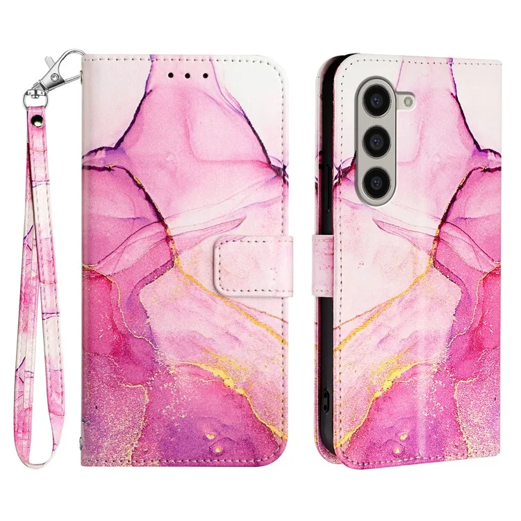 For Samsung Galaxy Z Fold6 5G Case with Strap Marble Pattern Leather Phone Cover Card Holder - Pink+Purple+Gold LS001