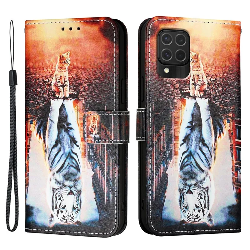 YB Stampa in Pelle Serie-4 Per Samsung Galaxy M62 Copertina Per Telefono Con Chiusura Magnetica - Gatto e Tigre