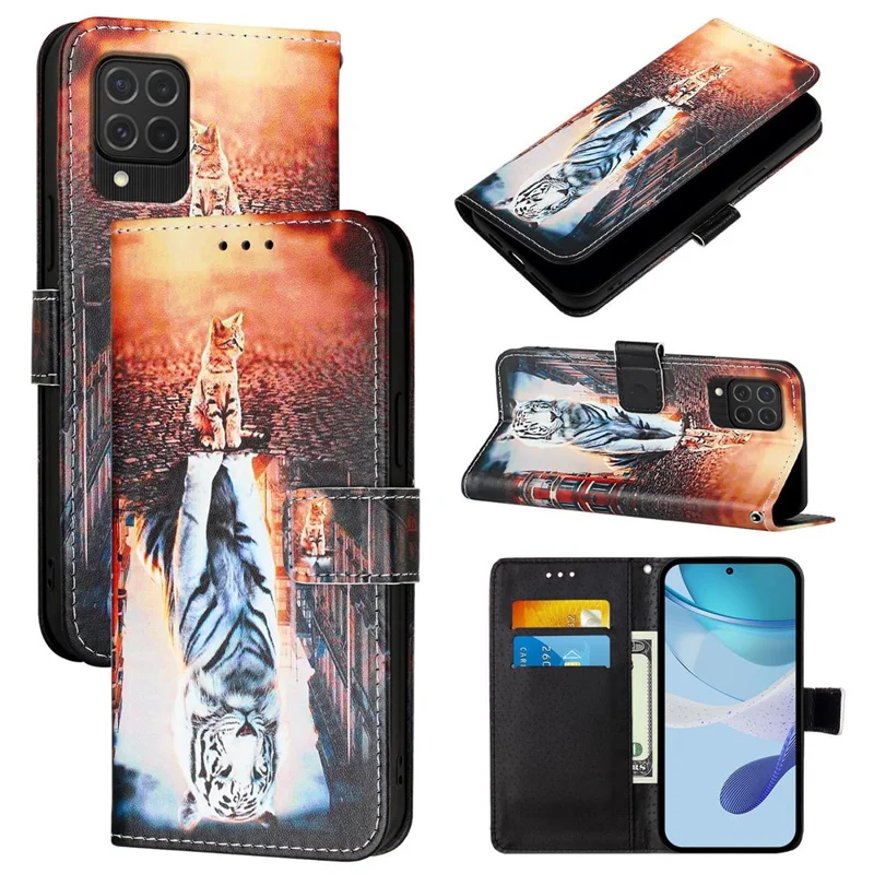 YB Stampa in Pelle Serie-4 Per Samsung Galaxy M62 Copertina Per Telefono Con Chiusura Magnetica - Gatto e Tigre