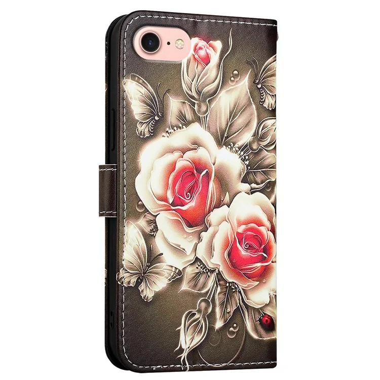 For iPhone 16e Leather Case with Strap and Card Holder Pattern Printing Phone Stand Cover - Rose