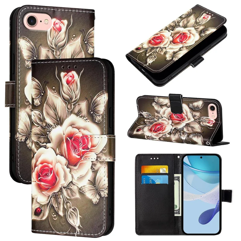 For iPhone 16e Leather Case with Strap and Card Holder Pattern Printing Phone Stand Cover - Rose