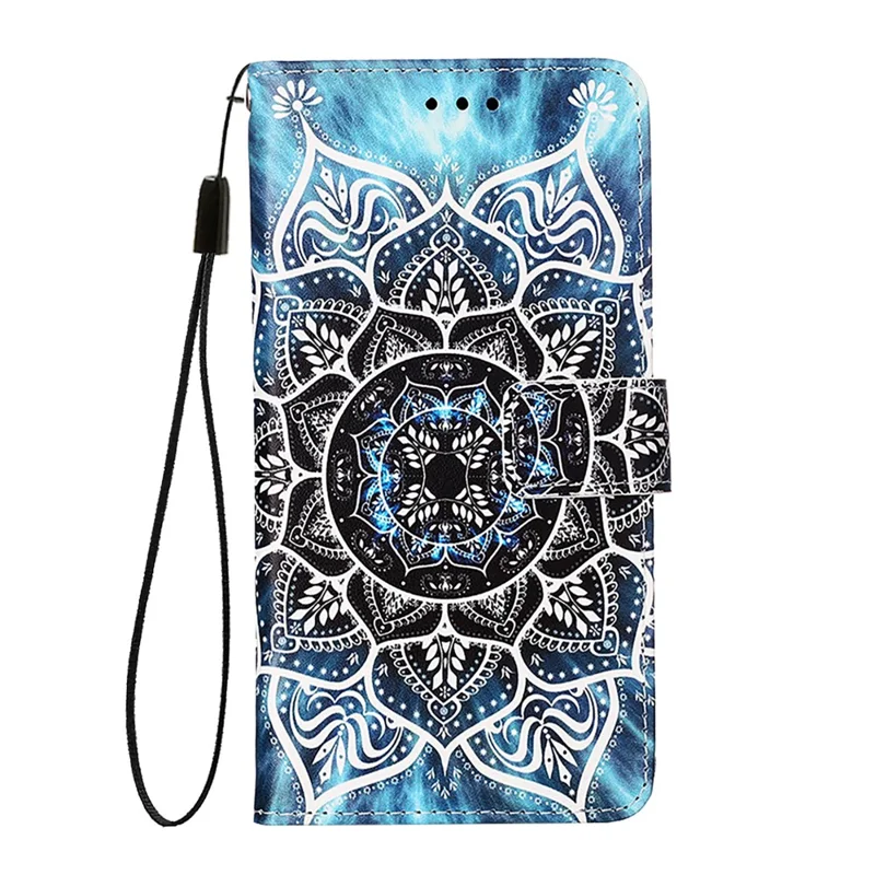 For iPhone 17e / 16e Leather Case with Strap and Card Holder Pattern Printing Phone Stand Cover - Mandala Flower